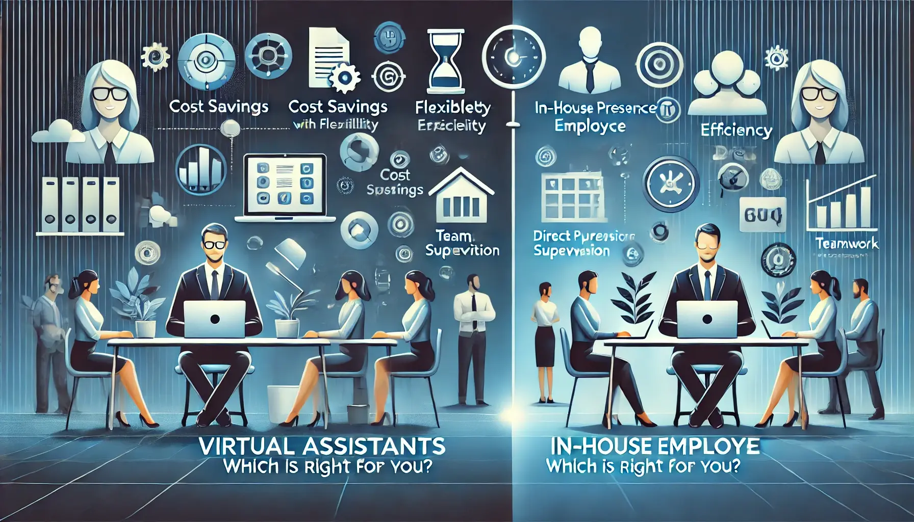 Virtual assistant vs in-house employee comparison illustration